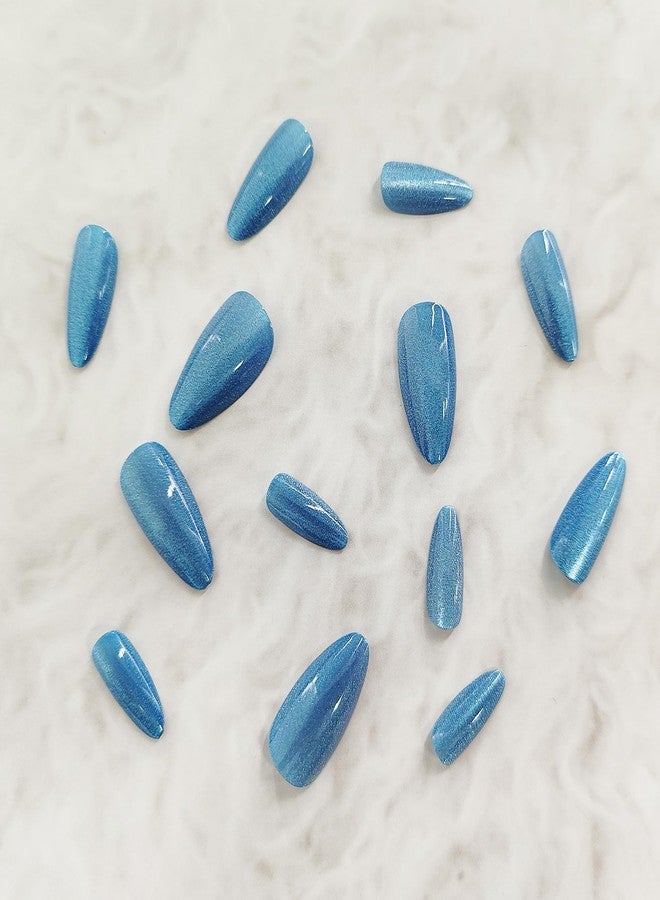 KKUUOO Blue Press on Nails Almond Fake Nails Gradient Acrylic Nails with Glitter Full Cover False Nails Glossy Stick on Nails Reusable Artificial Nails Jelly Press on Nails for Women Girls - Image 3